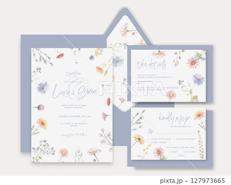Luxury watercolor wedding invitation with wild flowers, herbs and botanical leaves. 127973665