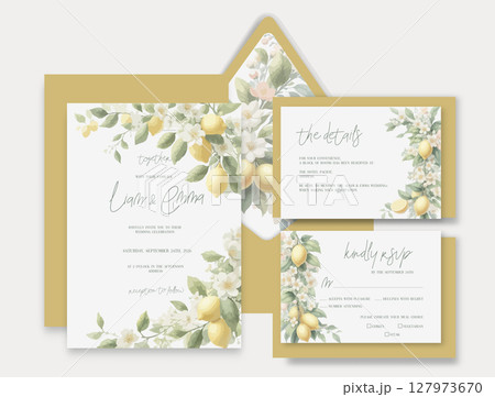 Watercolor wedding invitation with yellow lemons and green leaves brunch in Italian style Dolce Vita. 127973670