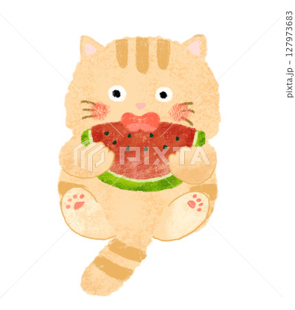 スイカを食べるネコのイラスト　クレヨンタッチ 127973683