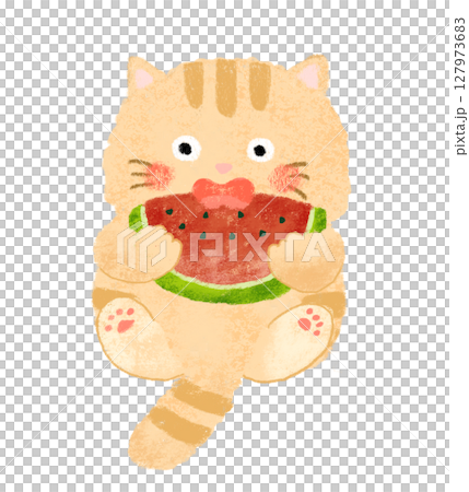スイカを食べるネコのイラスト　クレヨンタッチ 127973683