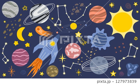 Cute hand drawn stylized universe for school education 127973839