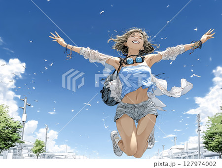 ジャンプする女性のイラスト素材 127974002