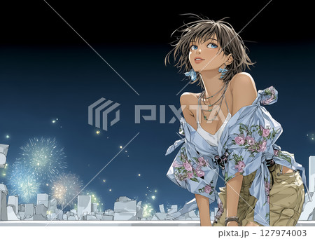 花火を楽しむ若い女性のイラスト素材 127974003
