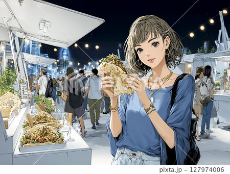 夜の食べ歩きをする女性のイラスト素材 127974006
