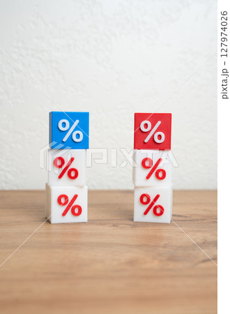 Two towers of percent blocks. Comparison of the terms of two loans and deposits. Hidden fees, fines and penalties. Financial literacy in lending scenarios. Hidden charges, interest rates 127974026