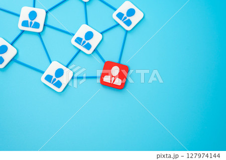 Corporate network and red figurine of an employee. Threat of being laid off. Fear of job loss, pressure in corporate structures, or economic uncertainty. Performance anxiety Corporate network and red figurine of an employee. Threat of being laid off. Fear of job loss, pressure in corporate structures, or economic uncertainty. Performance anxiety 127974144