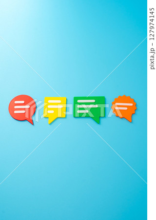 Conversational figures. Opinions and feedback. Dialogue, online comments, collaborative brainstorming, or public sentiment. Civic engagement, social media culture, or consumer feedback. 127974145