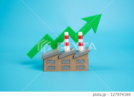 Industrial plant and green arrow up. Economic growth and industrial development. Rising production, industrial recovery, or investment inflow. Green industrial transitions, cleaner technologies, 127974160