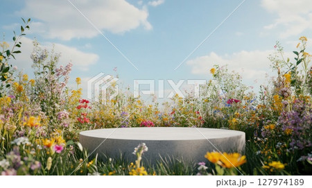 Round platform in lush meadow filled with vibrant mix of colorful wildflowers with green grasses under bright blue sky with fluffy white clouds 127974189