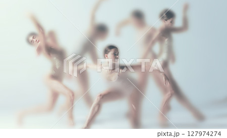 Subtle faded ballet formation with neutral flow and coordinated expressive posing 127974274