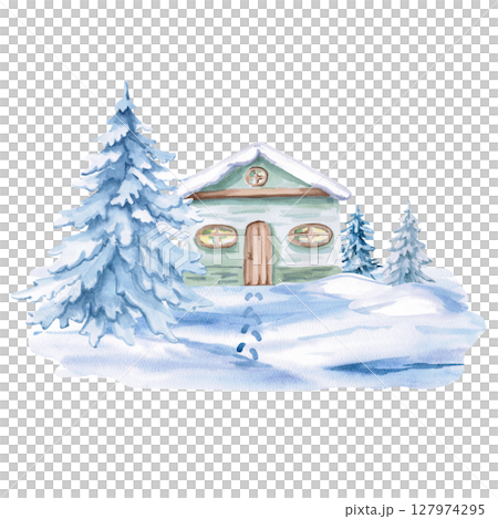 Cozy green house under snow with Christmas trees and footprints in the snow. Isolated watercolor illustration for invitations, tickets, photo frames, posters, calendars, printing on textiles. 127974295