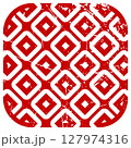 Red geometric ornamental design with distressed vintage texture featuring diamond shapes and rounded corners in bold style 127974316