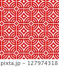 Seamless decorative pattern with red and white concentric circles and diamonds forming an intricate geometric background 127974318