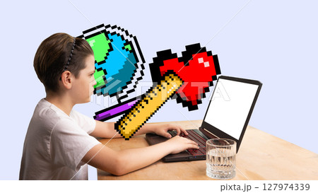 Pixel style concept. Kid with laptop, heart, and globe in a playful digital learning mashup 127974339