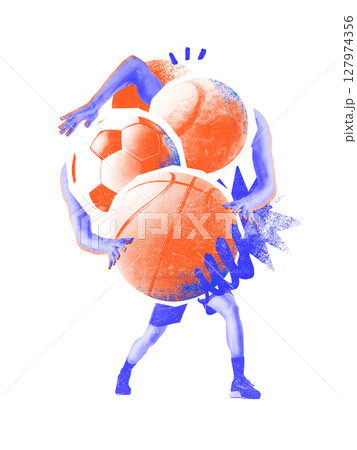 Abstract collage of sports unity with soccer, tennis, and basketball Abstract collage of sports unity with soccer, tennis, and basketball 127974356