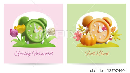 Spring forward, Fall Back 3D cartoon vector posters set, alarm clock, pumpkin, autumn leaves and spring tulip flowers Spring forward, Fall Back 3D cartoon vector posters set, alarm clock, pumpkin, autumn leaves and spring tulip flowers 127974404