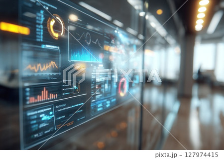 A close-up view of a futuristic digital data analytics dashboard displayed on a transparent screen in a modern office environment. A close-up view of a futuristic digital data analytics dashboard displayed on a transparent screen in a modern office environment. 127974415