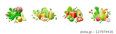 3D set of grouped fresh vegetables, zucchini, carrots, peppers, avocado, corn, greens. 3D set of grouped fresh vegetables, zucchini, carrots, peppers, avocado, corn, greens. 127974416