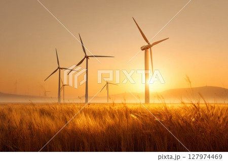 Golden wheat sways beneath the sunset as wind turbines rise in the distance. The warm glow and open landscape emphasize the harmony between renewable energy and natural agricultural beauty. 127974469