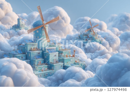A whimsical diorama of a utopian community powered by wind energy, nestled among soft, stylized clouds. Miniature houses and wind turbines create a serene landscape, illustrating the concept of a sust A whimsical diorama of a utopian community powered by wind energy, nestled among soft, stylized clouds. Miniature houses and wind turbines create a serene landscape, illustrating the concept of a sust 127974498