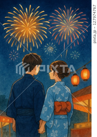 浴衣カップルと夜空に咲く大玉花火 127974767
