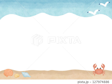 貝殻とカニ 海の背景 水彩フレーム 127974886
