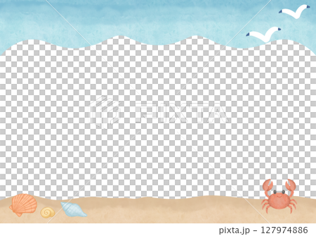 貝殻とカニ 海の背景 水彩フレーム 127974886
