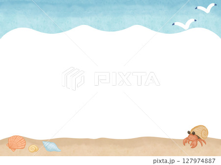 貝殻とヤドカリ 海の背景 水彩フレーム 127974887
