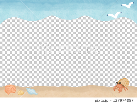 貝殻とヤドカリ 海の背景 水彩フレーム 127974887