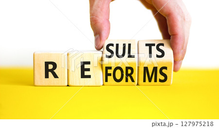 Reform and result symbol. Concept words Reforms Results on beautiful wooden block. Beautiful yellow table white background. Businessman hand. Business Reforms and results concept. Copy space. Reform and result symbol. Concept words Reforms Results on beautiful wooden block. Beautiful yellow table white background. Businessman hand. Business Reforms and results concept. Copy space. 127975218
