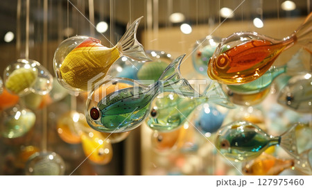 色とりどりの魚型ガラス風鈴が並ぶ華やかなインテリア展示 色とりどりの魚型ガラス風鈴が並ぶ華やかなインテリア展示 127975460