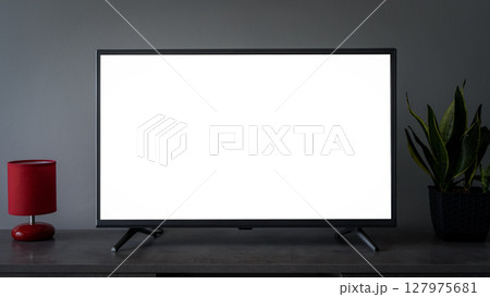 TV led mock up screen. Smart TV on a curbstone in an interior of the living room  TV led mock up screen. Smart TV on a curbstone in an interior of the living room  127975681
