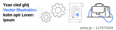 Text block, two gears, a detailed contract with a seal, and a professional briefcase with color accents. Ideal for business, office decor, presentations, media, education, marketing, ebooks. Landing Text block, two gears, a detailed contract with a seal, and a professional briefcase with color accents. Ideal for business, office decor, presentations, media, education, marketing, ebooks. Landing 127975689
