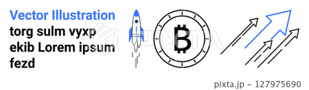 Rocket launching, Bitcoin symbol, and rising arrows indicating financial growth and cryptocurrency rise. Ideal for fintech, cryptocurrency, investments, blockchain, stock market, economic growth 127975690