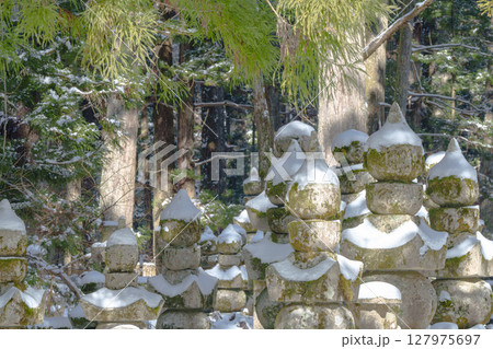 雪をかぶった五輪塔と杉林の冬景色 127975697