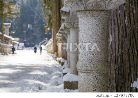 雪に包まれた参道と石灯籠が並ぶ冬の寺院風景 127975700