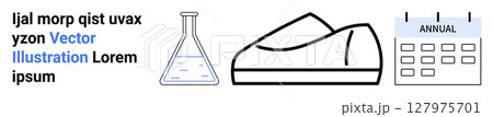 Beaker filled with liquid, minimalist sneaker, and an annual calendar. Ideal for science education, fitness programs, scheduling, time management, event planning, laboratory themes, health awareness Beaker filled with liquid, minimalist sneaker, and an annual calendar. Ideal for science education, fitness programs, scheduling, time management, event planning, laboratory themes, health awareness 127975701