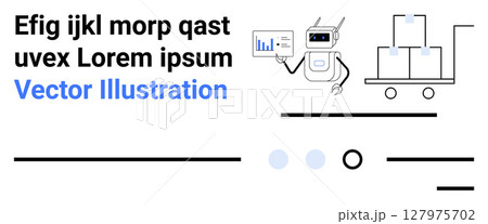 Robot holding a chart, cart loaded with boxes, lines, and circles Ideal for automation, logistics, warehousing, data analysis, technology, inventory management, artificial intelligence. Landing page Robot holding a chart, cart loaded with boxes, lines, and circles Ideal for automation, logistics, warehousing, data analysis, technology, inventory management, artificial intelligence. Landing page 127975702