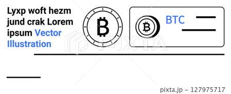 Bitcoin symbols, BTC text, circles, blue highlights. Ideal for cryptocurrency, digital currency, blockchain technology, financial tech, online transactions, digital wallets, e-commerce Landing page 127975717