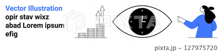 Eye-shaped clock symbolizes time management, growth graphs for business success, illustrated woman analyzing trends, text for representation, buildings indicate urban development. Ideal for business 127975720