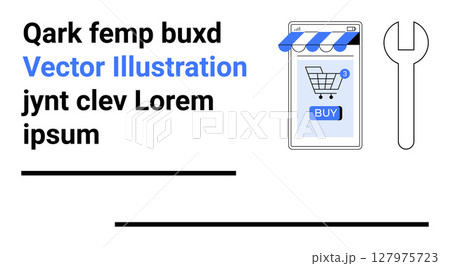 Smartphone with shopping cart icon and blue BUY button, large wrench, and text. Ideal for online shopping, e-commerce, mobile apps, retail solutions, tech support, business marketing, web Smartphone with shopping cart icon and blue BUY button, large wrench, and text. Ideal for online shopping, e-commerce, mobile apps, retail solutions, tech support, business marketing, web 127975723
