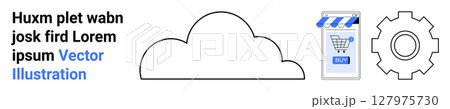 Cloud icon, e-commerce storefront with shopping cart, and gear symbol. Ideal for data storage, online shopping, digital marketing, technology integration, cloud computing, e-commerce platforms 127975730