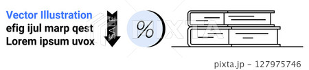Stack of books, black sale tag with arrow, percentage symbol in blue circle. Ideal for bookshops, libraries, sales events, educational promotions, discounts, book clubs, and digital marketing 127975746