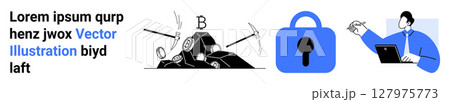 Businessperson presenting with laptop, secure lock symbol, and cryptocurrency mining concept. Ideal for finance, technology, cybersecurity, business strategy, presentations, digital marketing, web 127975773
