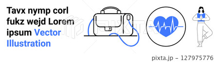 Laptop bag with cable, blue heartbeat pulse, and woman in yoga pose. Ideal for health, wellness, technology, fitness, business, lifestyle, and meditation themes. Landing page Laptop bag with cable, blue heartbeat pulse, and woman in yoga pose. Ideal for health, wellness, technology, fitness, business, lifestyle, and meditation themes. Landing page 127975776