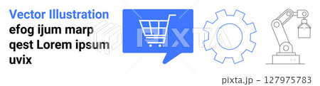 Blue speech bubble with shopping cart, gear, and robotic arm. Ideal for e-commerce, online shopping, technology, automation, engineering, industrial design, marketing. Landing page Blue speech bubble with shopping cart, gear, and robotic arm. Ideal for e-commerce, online shopping, technology, automation, engineering, industrial design, marketing. Landing page 127975783