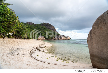 White sand beach with granite boulders and tropical palms at Anse Source d'Argent White sand beach with granite boulders and tropical palms at Anse Source d'Argent 127975837