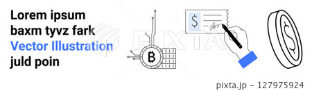 Hand signing a check, Bitcoin blockchain icon, dollar coin symbol. Ideal for fintech, cryptocurrency, digital payments, blockchain technology, financial services, online banking, investment 127975924
