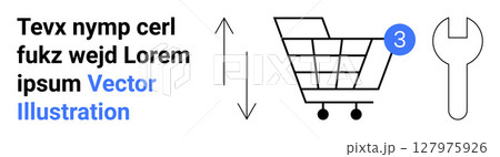 Shopping cart with three items, an adjustable wrench, and up-down arrows. Ideal for ecommerce, online shopping, retail, hardware, cart management, tools, and maintenance. Landing page 127975926
