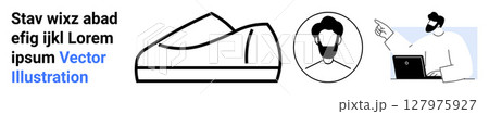Minimalist shoe, human portrait icon, man pointing with laptop. Ideal for ecommerce, profiles, technology, business, education, design Landing page Minimalist shoe, human portrait icon, man pointing with laptop. Ideal for ecommerce, profiles, technology, business, education, design Landing page 127975927